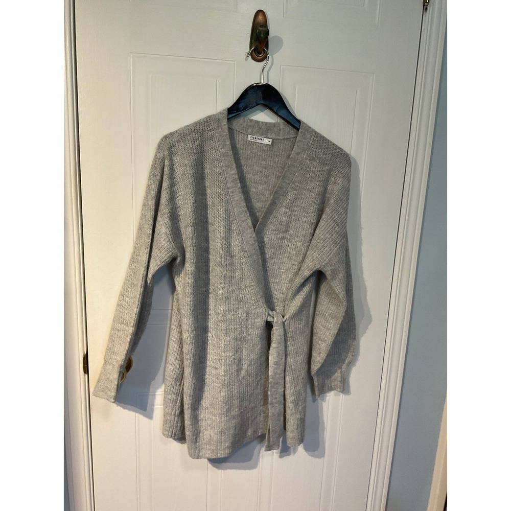 Signature Reitmans Wrap Cardigan Womens L Grey Excellent Ribbed Knit Tie Front